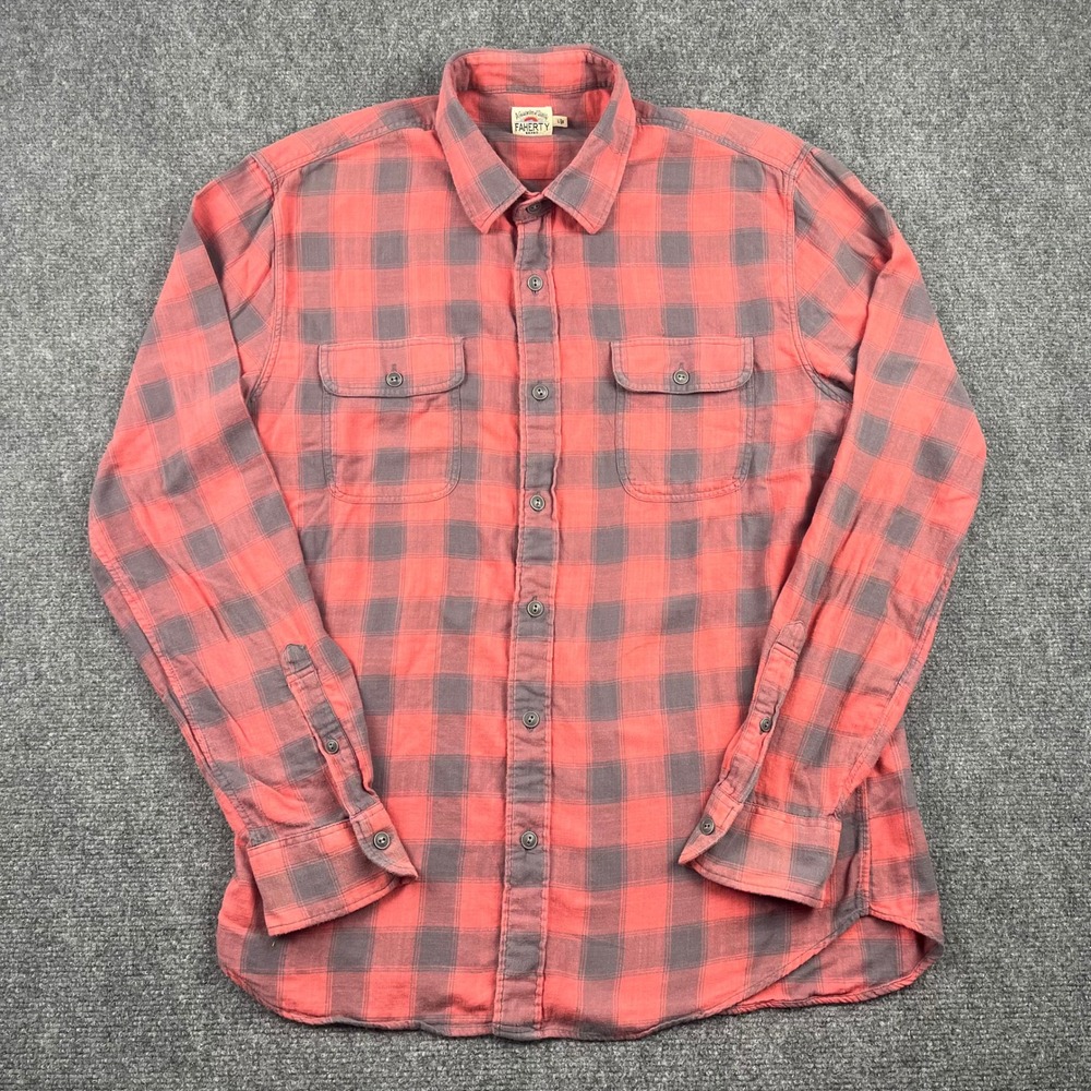 Faherty Brand Mens Red Grey Plaid Flannel Button Down Shirt Large Dual Pockets